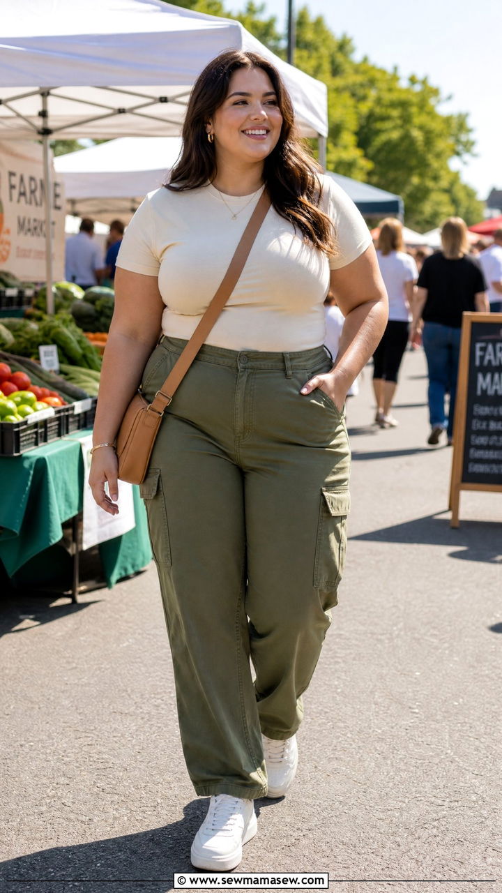 Plus Size Cargo Pants With Fitted T Shirt and White Sneakers - 25 Cargo pants outfit ideas plus size