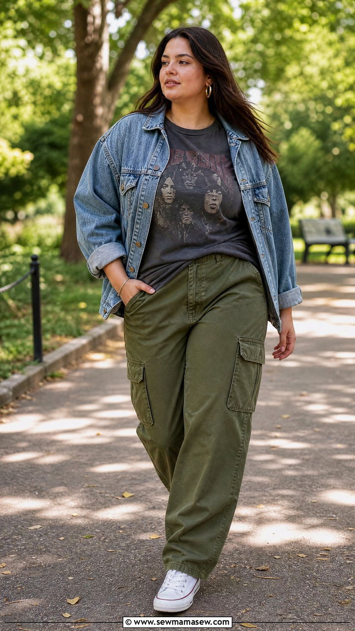 Plus Size Cargo Pants With Graphic Tee and Denim Jacket - 25 Cargo pants outfit ideas plus size