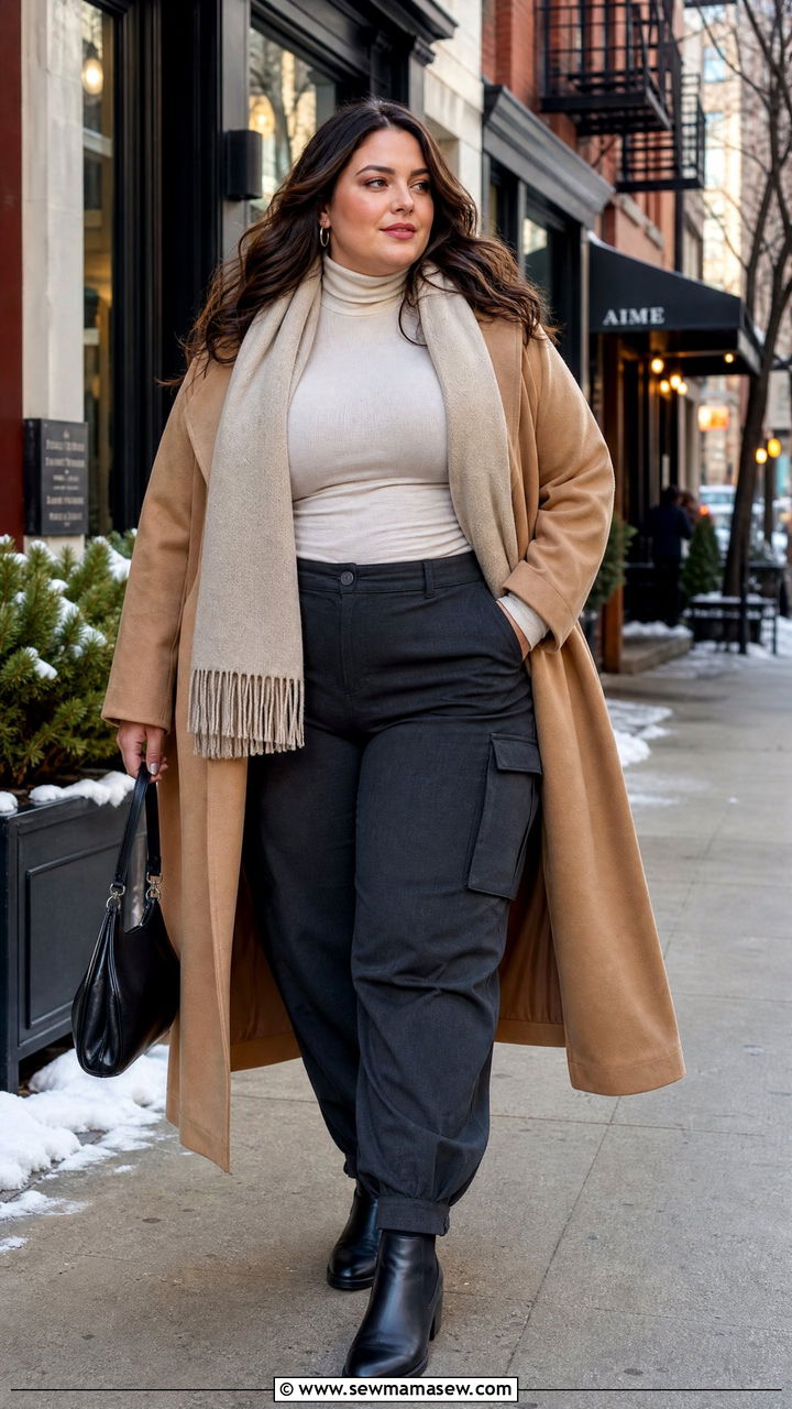 Plus Size Cargo Pants With Long Wool Coat and Scarf - 25 Cargo pants outfit ideas plus size