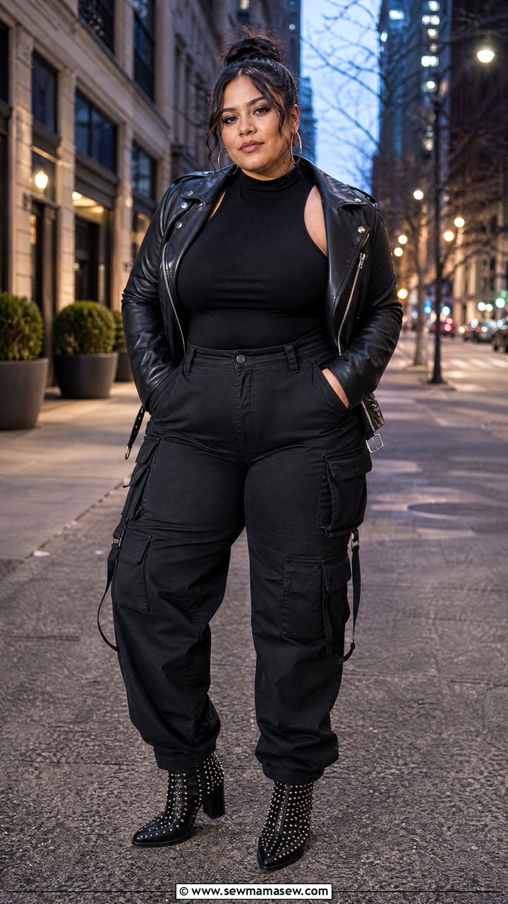 Plus Size Cargo Pants With Moto Jacket and Studded Boots - 25 Cargo pants outfit ideas plus size