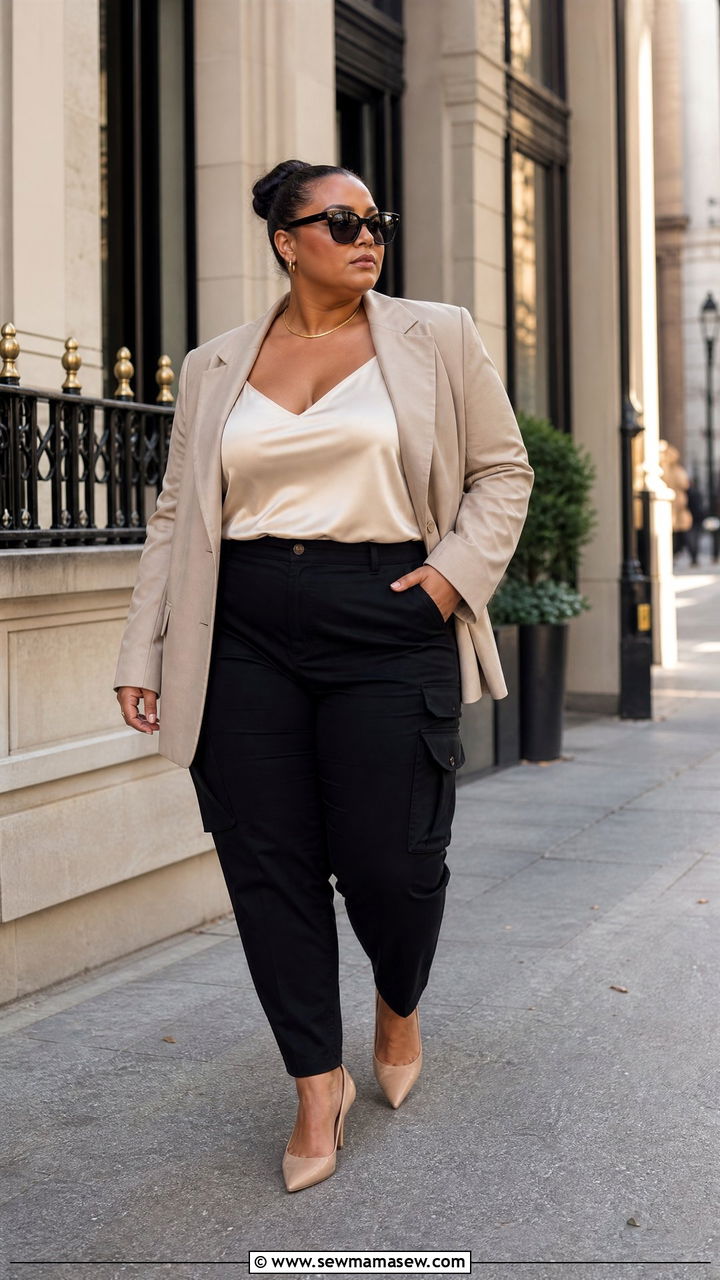 Plus Size Cargo Pants With Oversized Blazer and Pointed Heels - 25 Cargo pants outfit ideas plus size