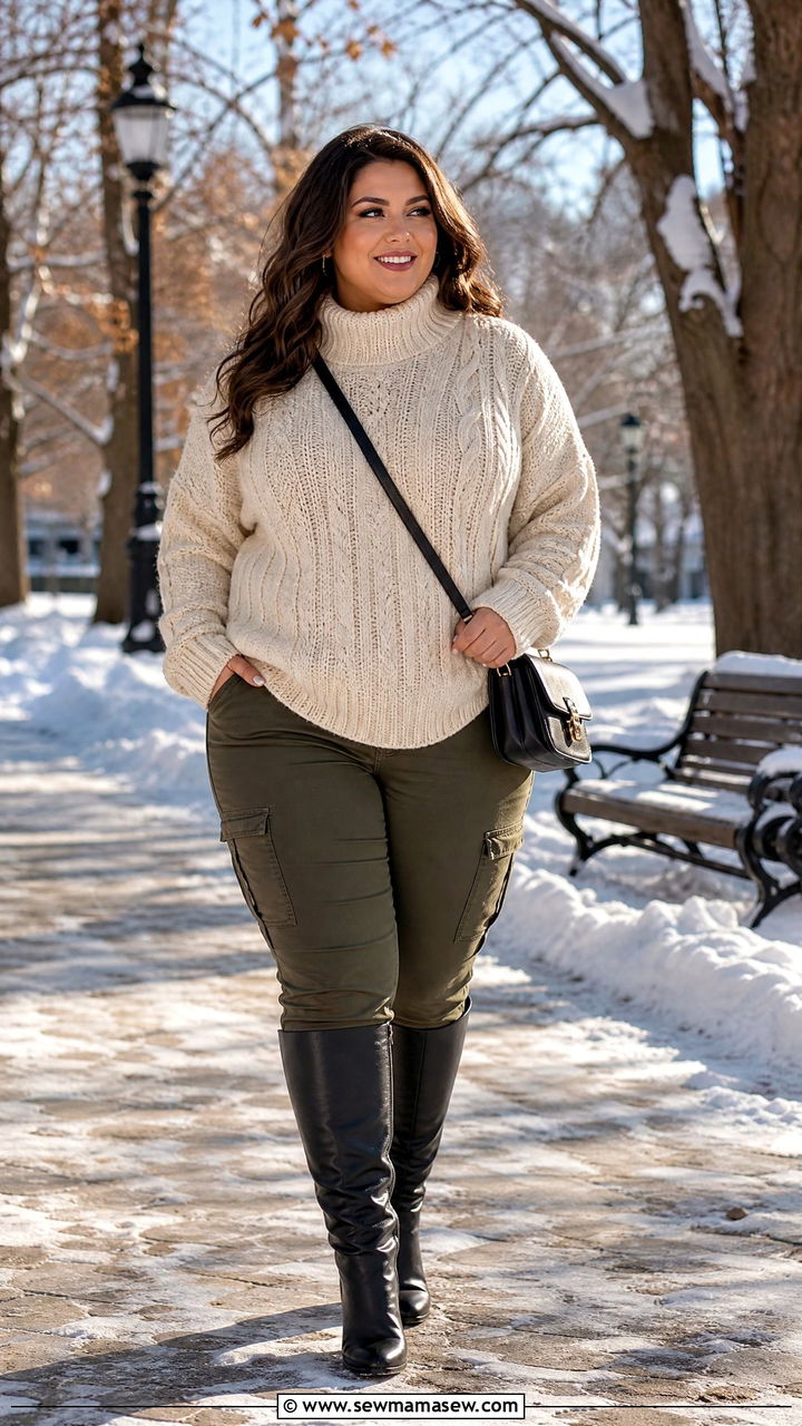 Plus Size Cargo Pants With Oversized Sweater and Knee High Boots - 25 Cargo pants outfit ideas plus size