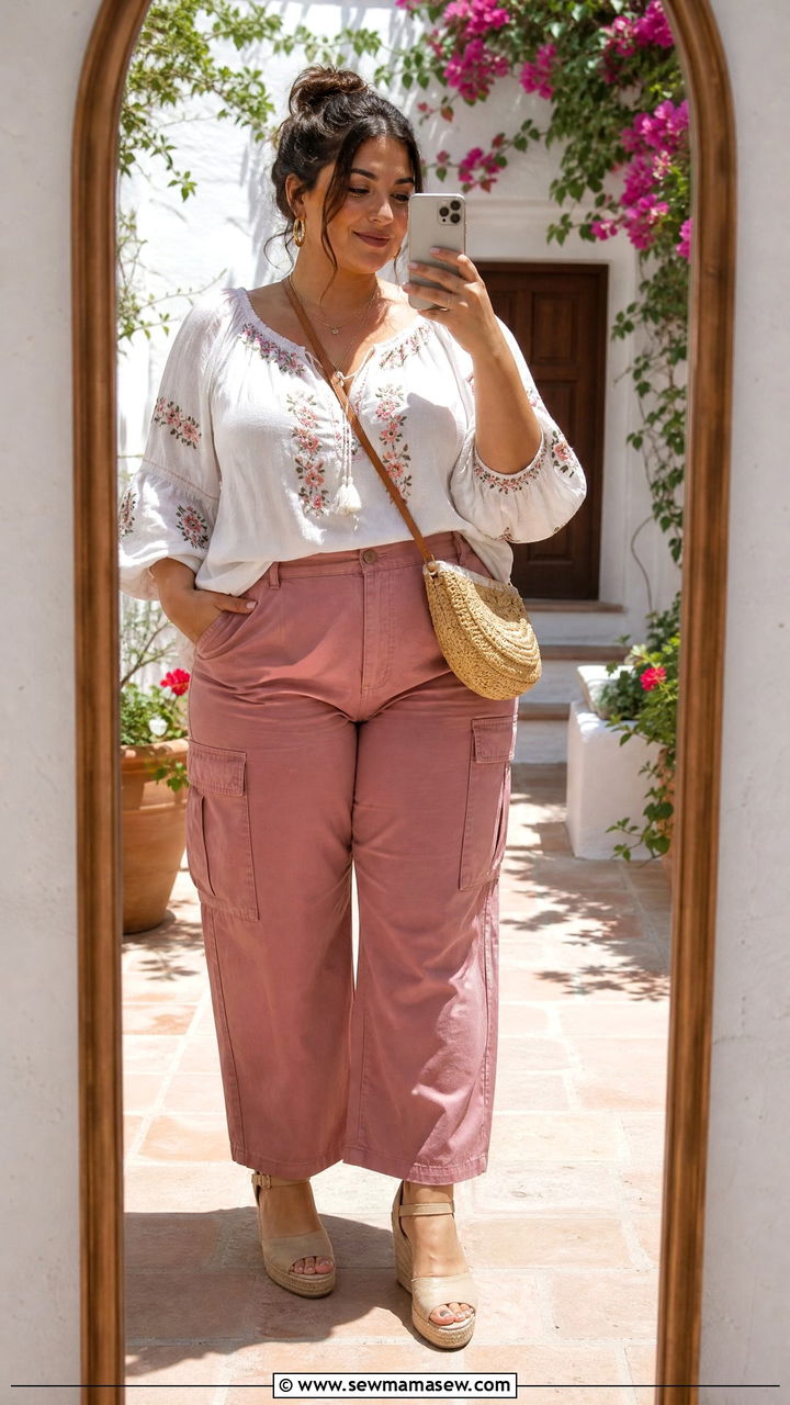 Plus Size Cargo Pants With Peasant Blouse and Espadrilles - 25 Cargo pants outfit ideas plus size