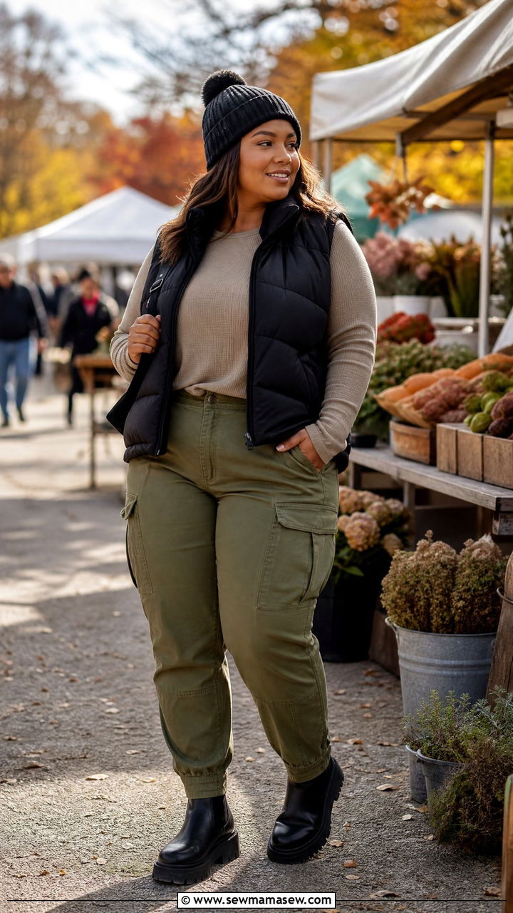 Plus Size Cargo Pants With Puffer Vest and Lugsole Boots - 25 Cargo pants outfit ideas plus size