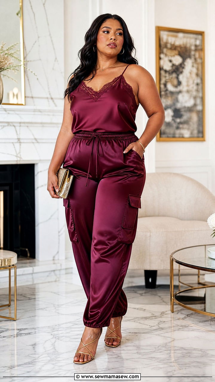 Plus Size Cargo Pants With Silky Cami and Strappy Heeled Sandals - 25 Cargo pants outfit ideas plus size