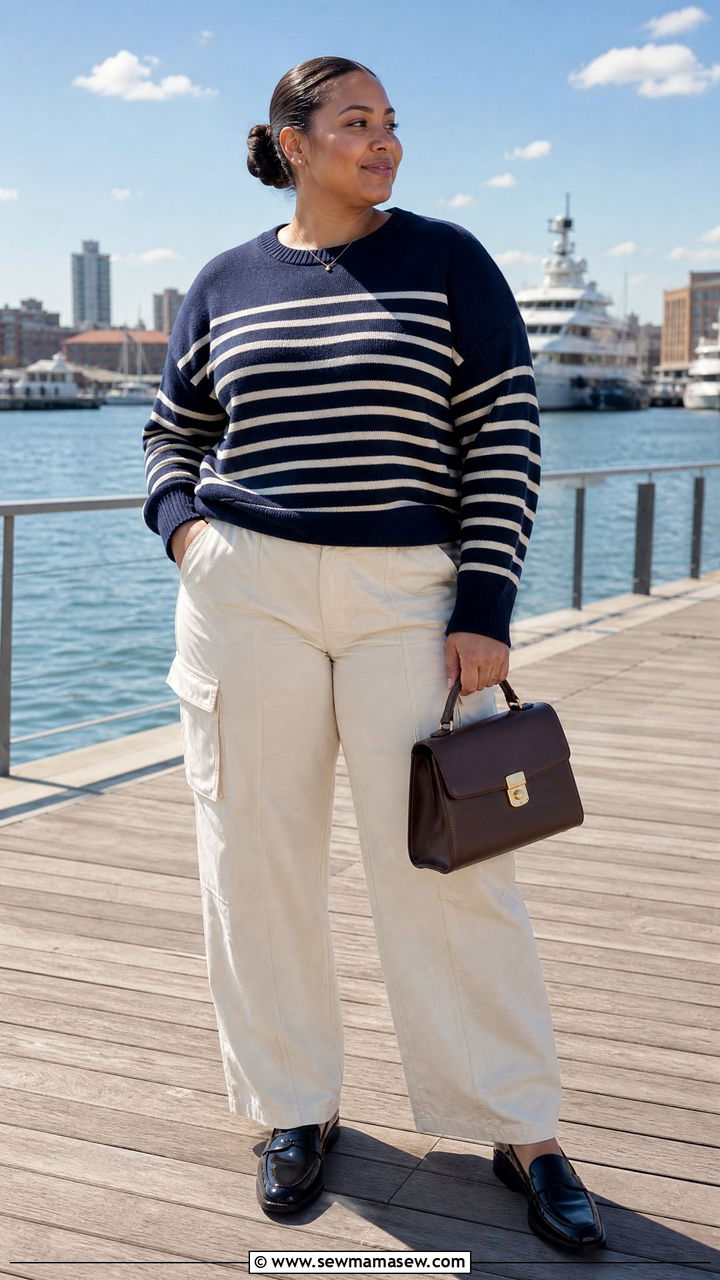Plus Size Cargo Pants With Striped Sweater and Penny Loafers - 25 Cargo pants outfit ideas plus size