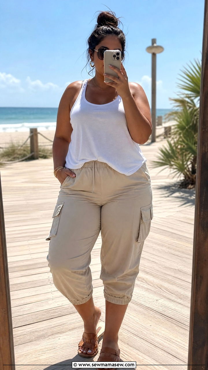 Plus Size Cargo Pants With Tank Top and Slide Sandals - 25 Cargo pants outfit ideas plus size