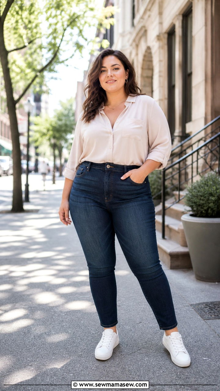Plus Size Casual Outfit with High Waisted Jeans and Tucked In Blouse - 40 Plus size outfit ideas