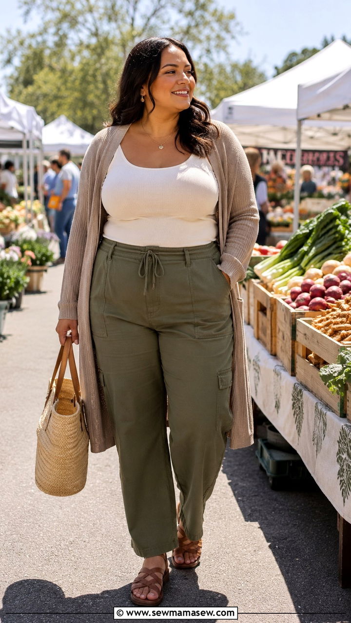 Plus Size Chambray Shirt With White Wide Leg Pants Outfit - 30 transitional plus size outfit ideas