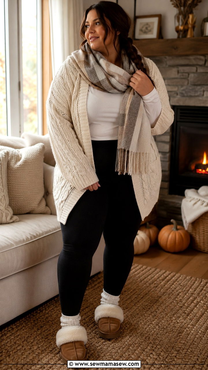 Plus Size Chunky Knit Cardigan and Leggings - 30 Plus size loungewear outfits