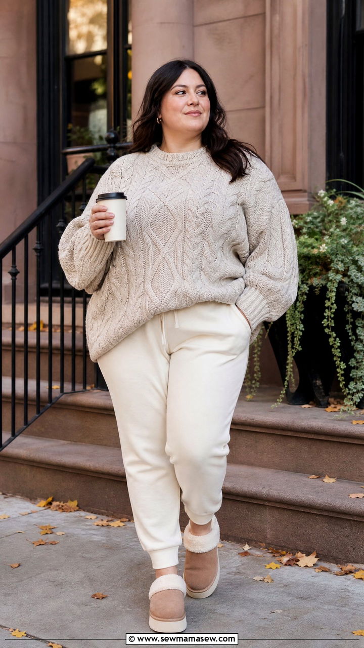 Plus Size Chunky Knit Sweater and Joggers - 25 Loungewear outfit ideas plus size
