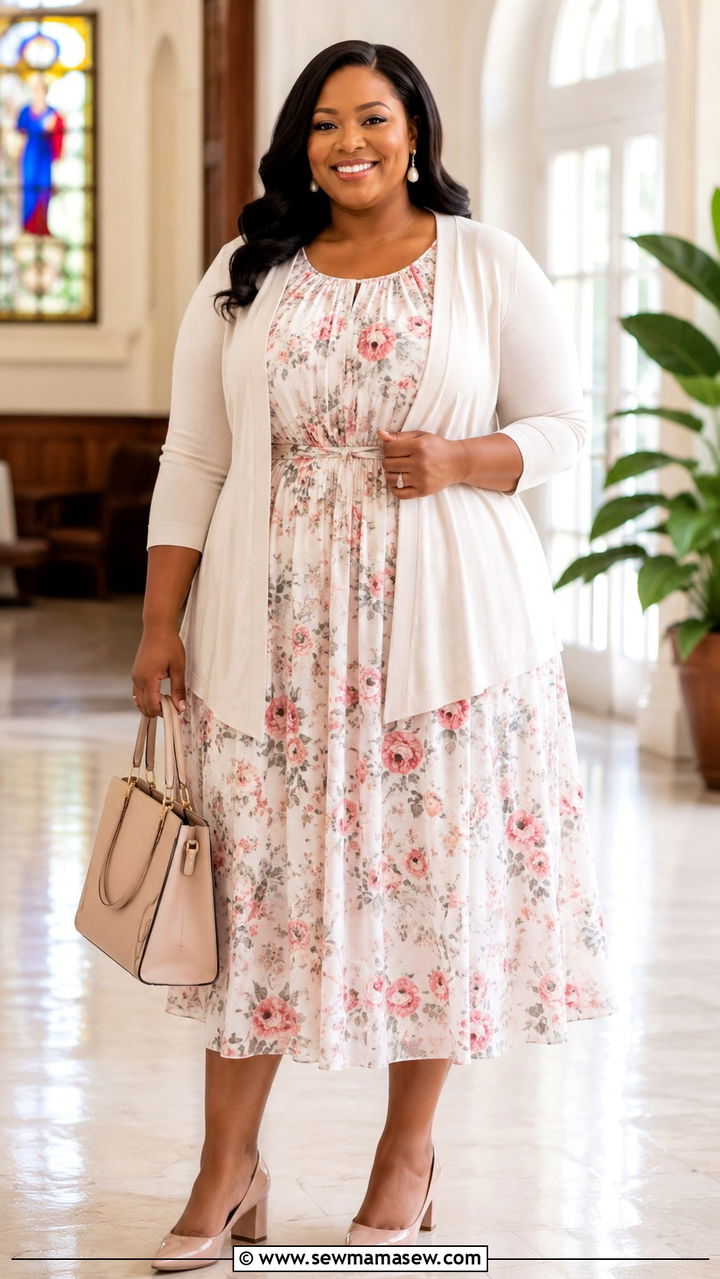 Plus Size Church Midi Dress with Cardigan - 30 Plus size modest outfit ideas