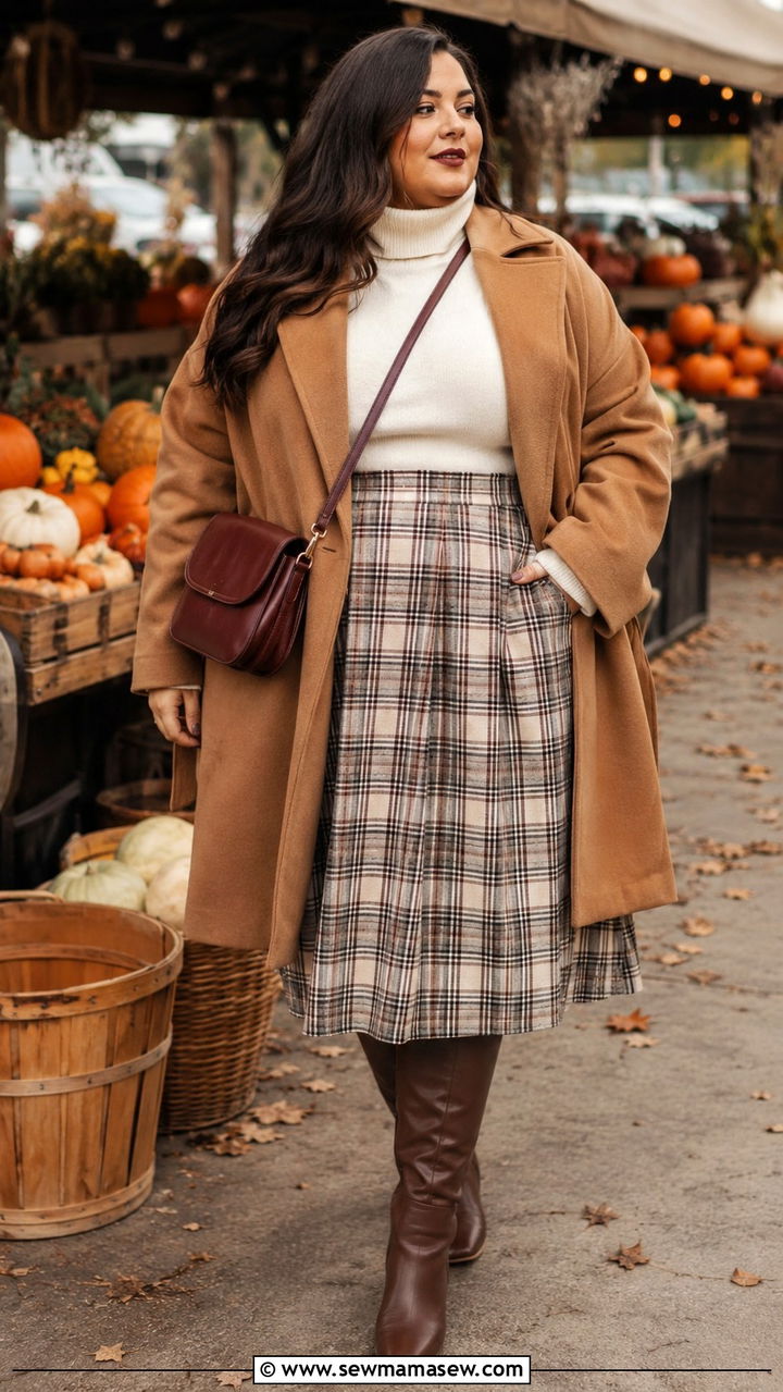 Plus Size Classic Camel and Plaid Skirt Combo - 30 Plus size modest outfit ideas