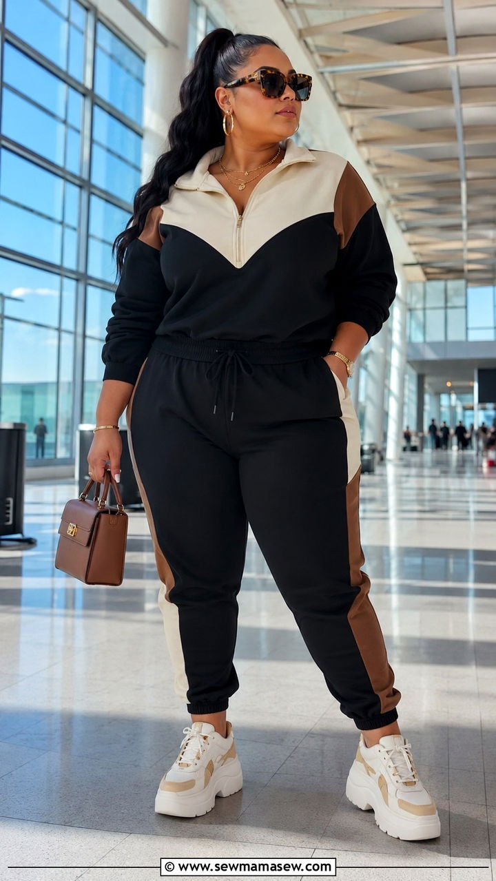 Plus Size Color Block Tracksuit With Elevated Accessories Airport Outfit - 30 Plus size airport outfit ideas