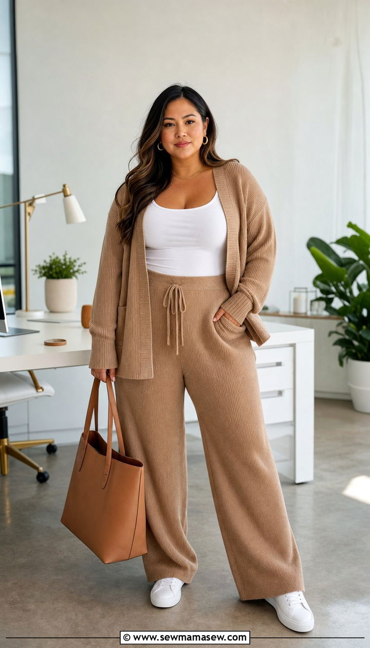 Plus Size Coordinating Knit Set and Sneakers - 25 Sporty chic outfit ideas plus size