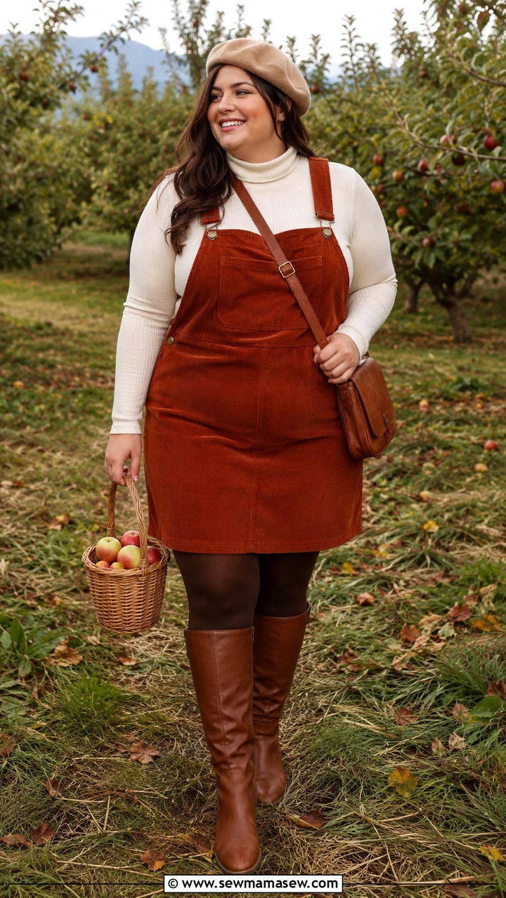 Plus Size Corduroy Overall Dress with Turtleneck - 30 Plus size modest outfit ideas
