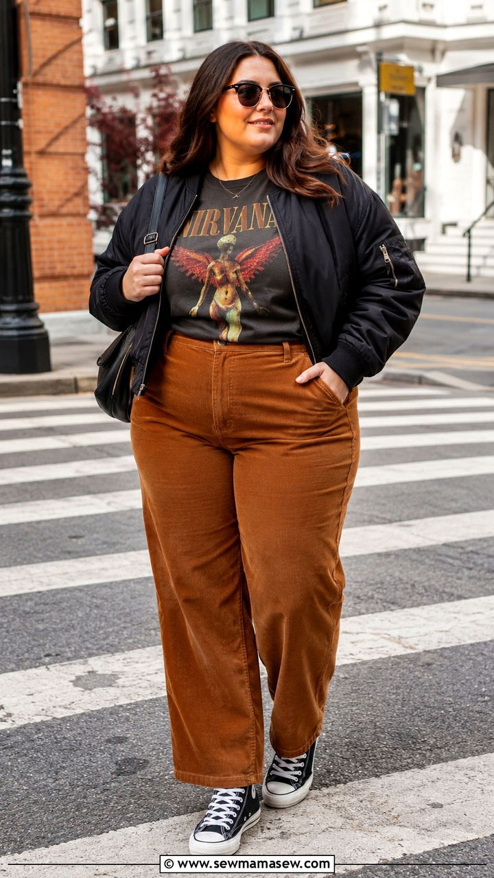 Plus Size Corduroy Pants With Graphic Tee Outfit - 30 transitional plus size outfit ideas