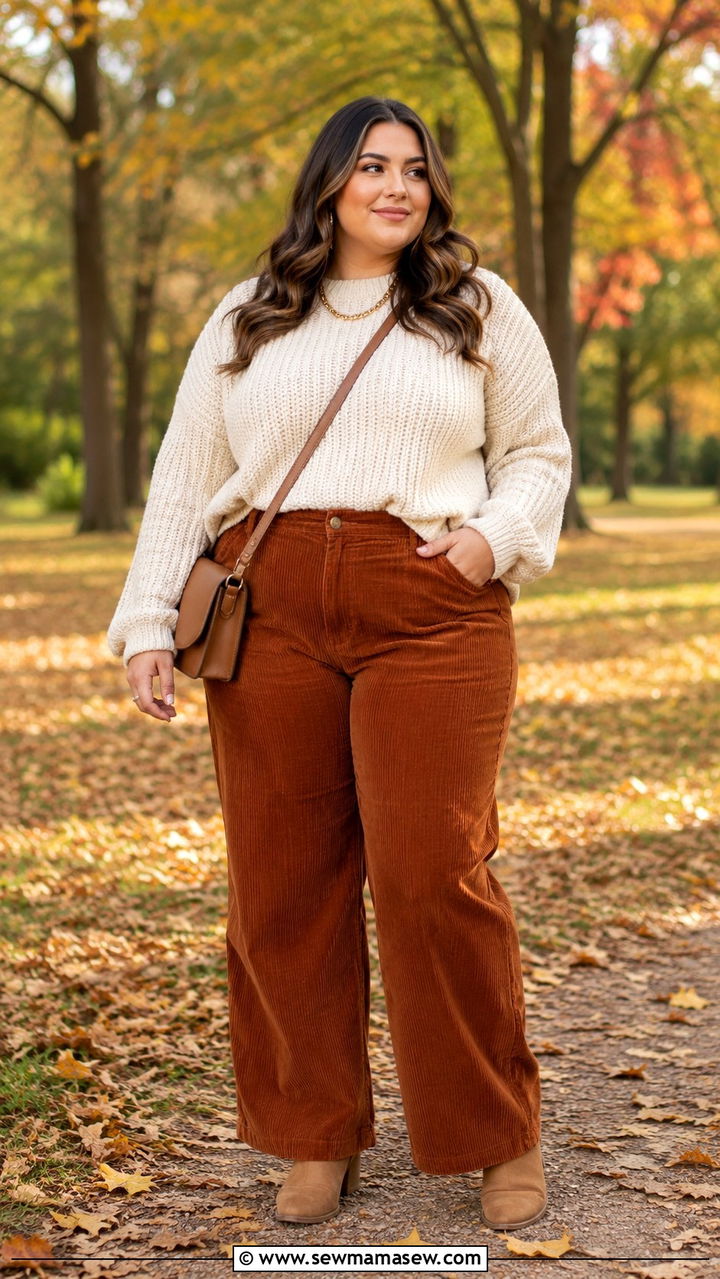 Plus Size Corduroy Pants and Chunky Knit Outfit - 25 Plus size outfit ideas for 12-14
