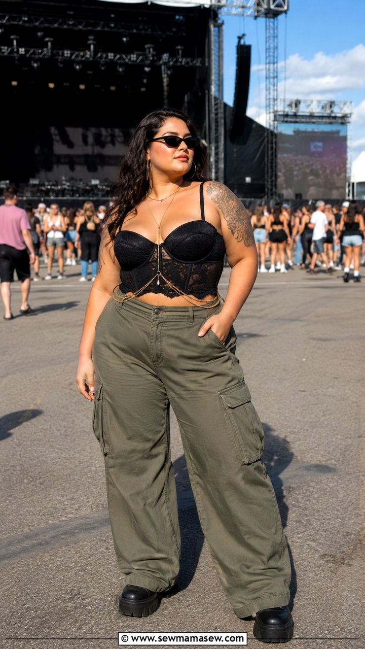 Plus Size Corset Top and Wide Leg Cargo Pants Outfit - 30 plus size summer concert outfit ideas