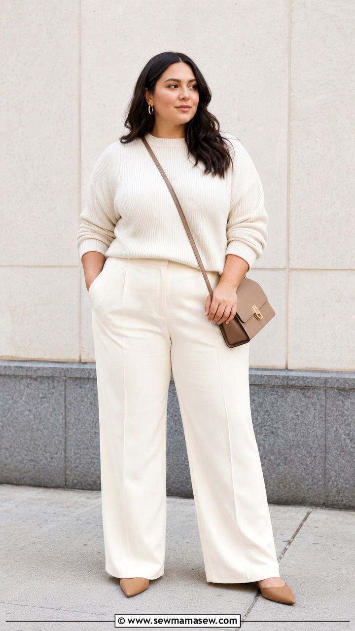 Plus Size Cream Knit Sweater and Wide Leg Trousers - 30 Minimalist outfits plus size
