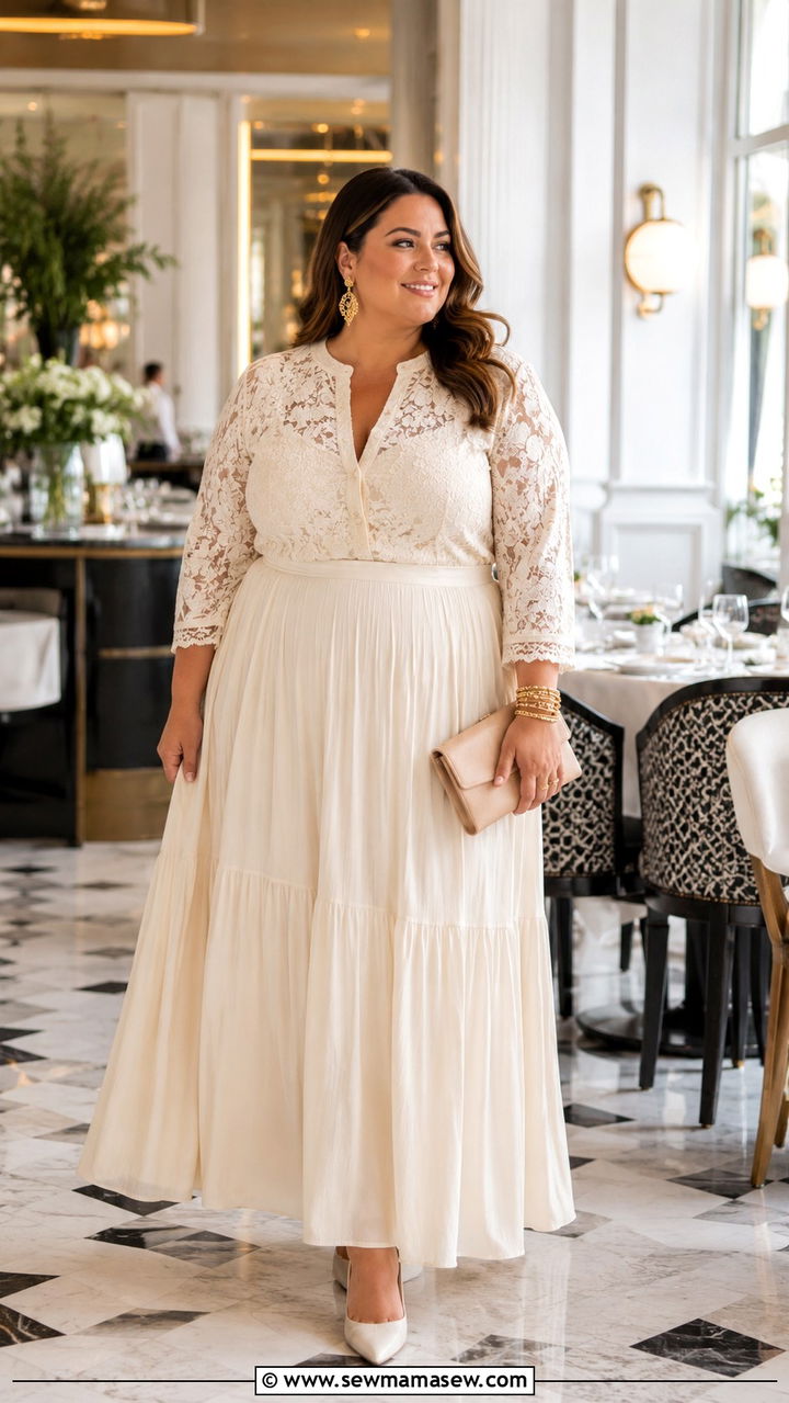 Plus Size Cream Lace Blouse With Maxi Skirt - 30 Plus size outfit ideas for brunch