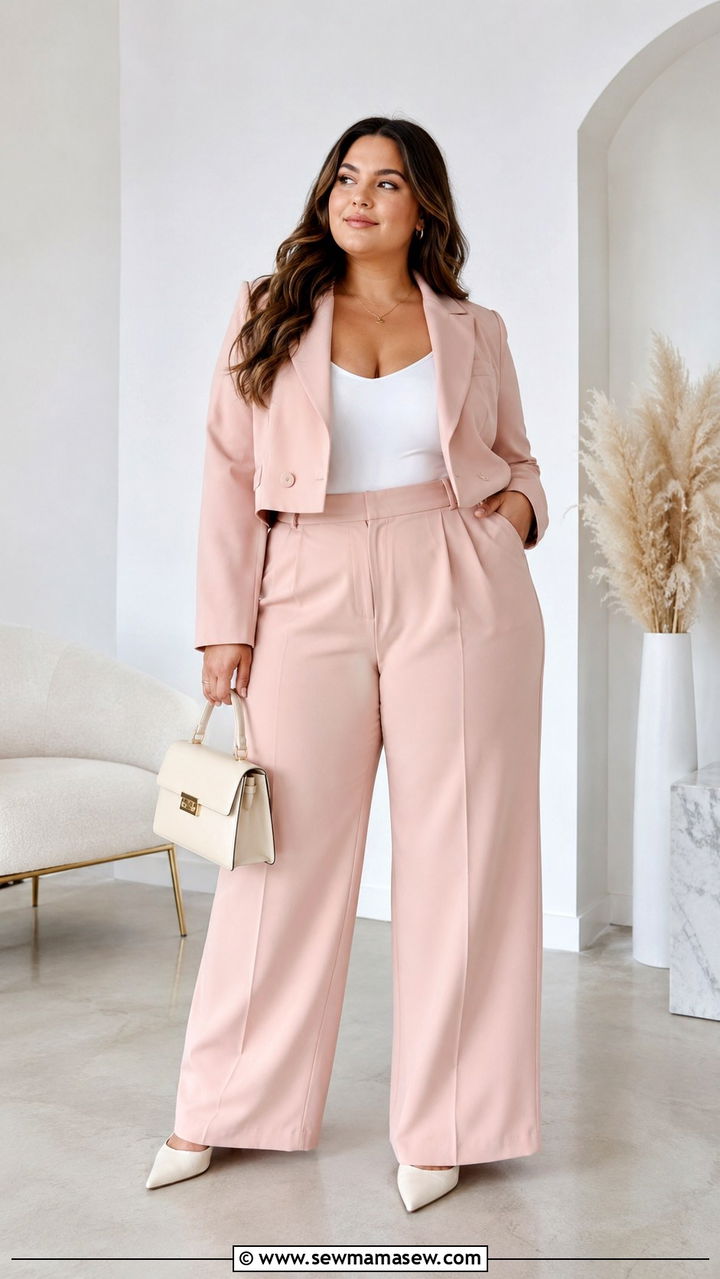 Plus Size Cropped Blazer and High Waist Trousers Outfit - 25 Plus size capsule wardrobe 2026