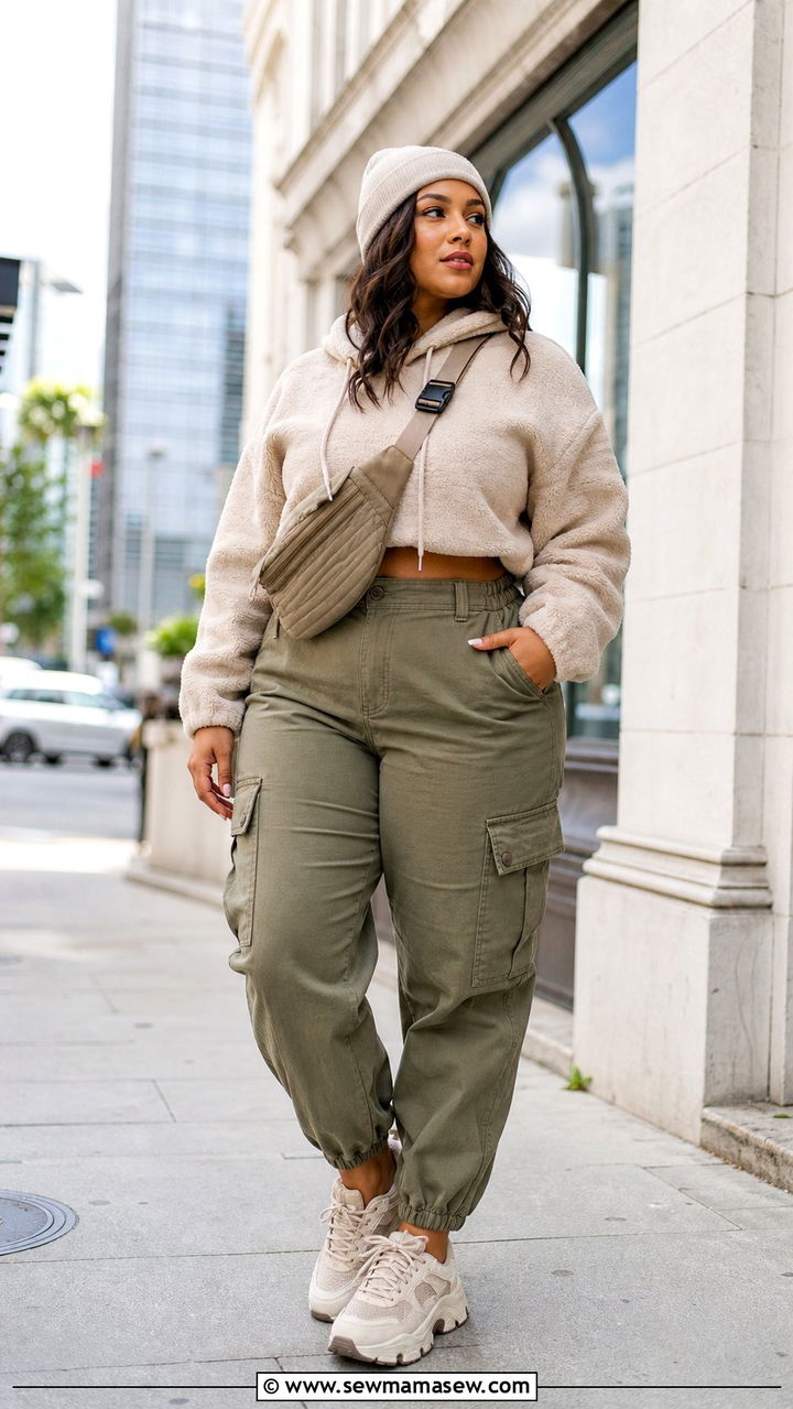 Plus Size Cropped Hoodie and High Waisted Cargo Pants - 25 Sporty chic outfit ideas plus size