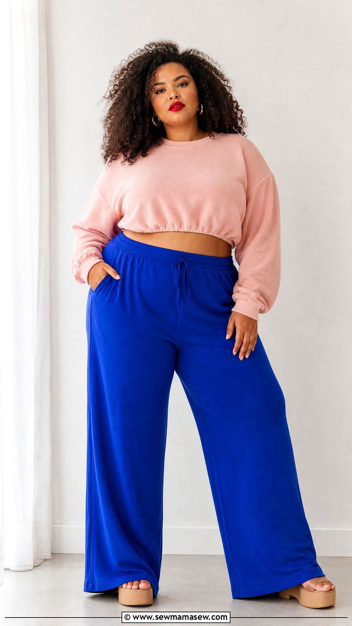 Plus Size Cropped Sweatshirt and Wide Leg Pants - 25 Loungewear outfit ideas plus size