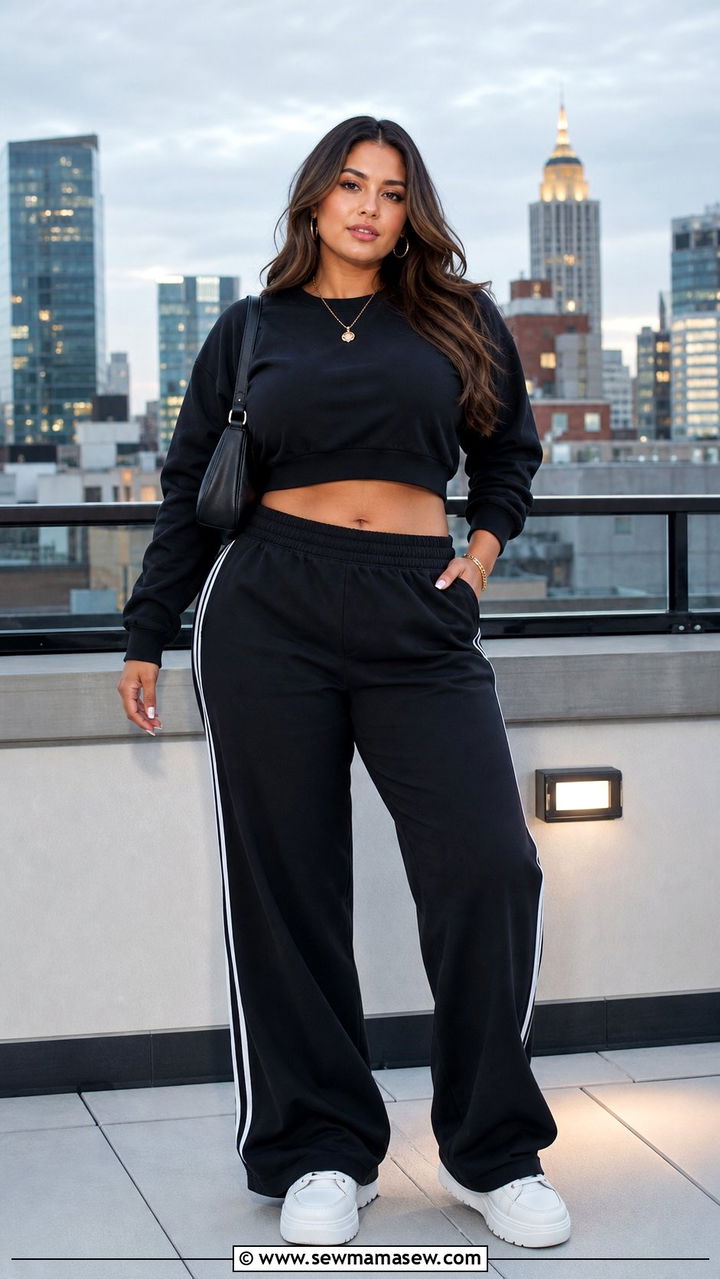 Plus Size Cropped Sweatshirt and Wide Leg Track Pants - 25 Sporty chic outfit ideas plus size
