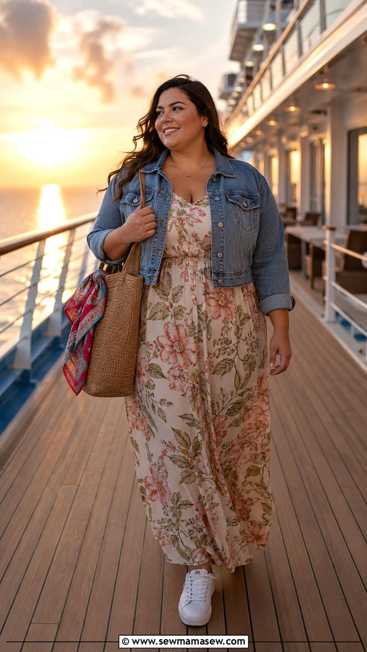Plus Size Cruise Denim Jacket over Maxi Dress - 30 Plus size cruise outfit ideas