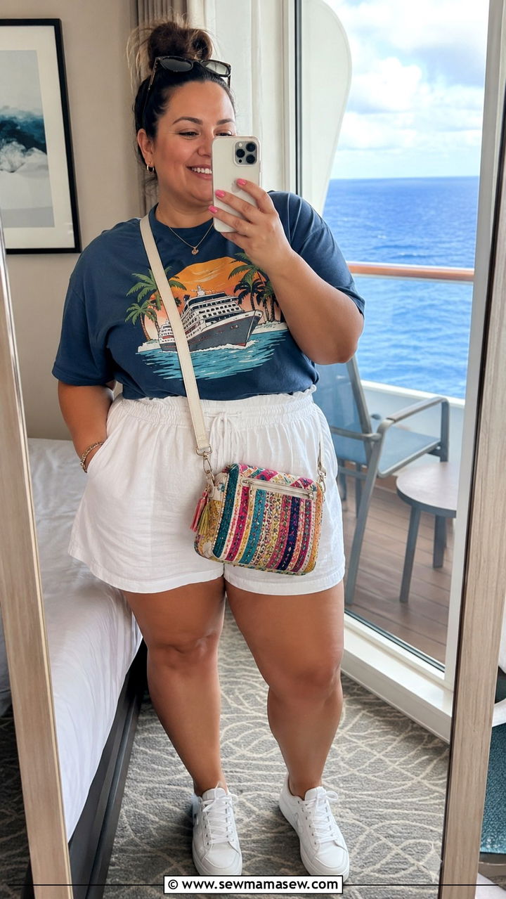 Plus Size Cruise Graphic Tee and Linen Shorts - 30 Plus size cruise outfit ideas