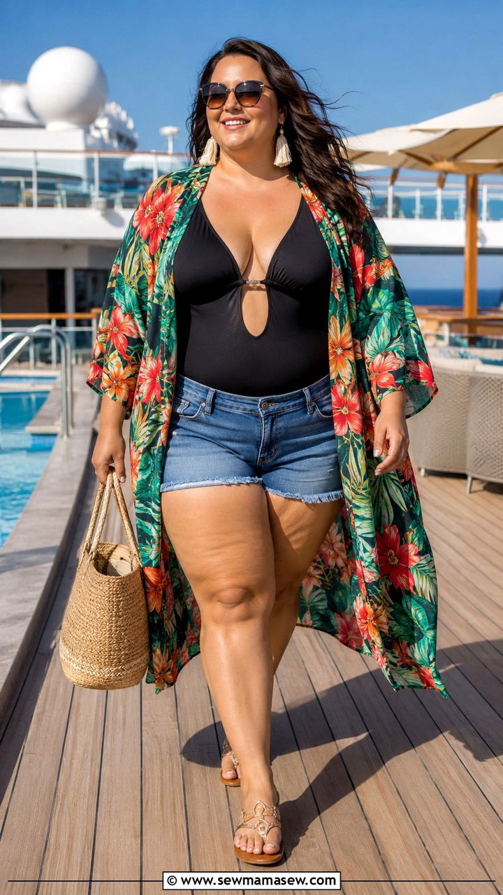 Plus Size Cruise Kimono with Swimsuit and Shorts - 30 Plus size cruise outfit ideas