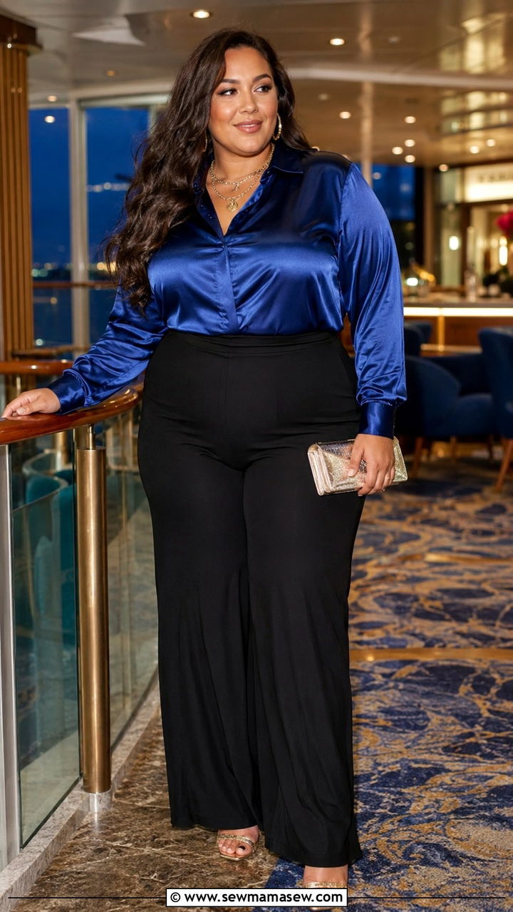 Plus Size Cruise Satin Blouse and Palazzo Pants - 30 Plus size cruise outfit ideas