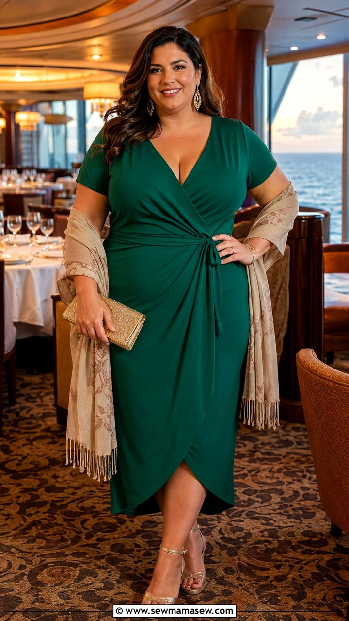 Plus Size Cruise Wrap Dress with Wedge Sandals - 30 Plus size cruise outfit ideas