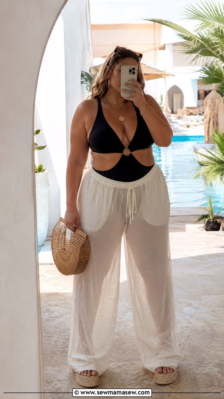 Plus Size Cutout One Piece Swimsuit With Wide Leg Pants - 30 Plus size beach outfits