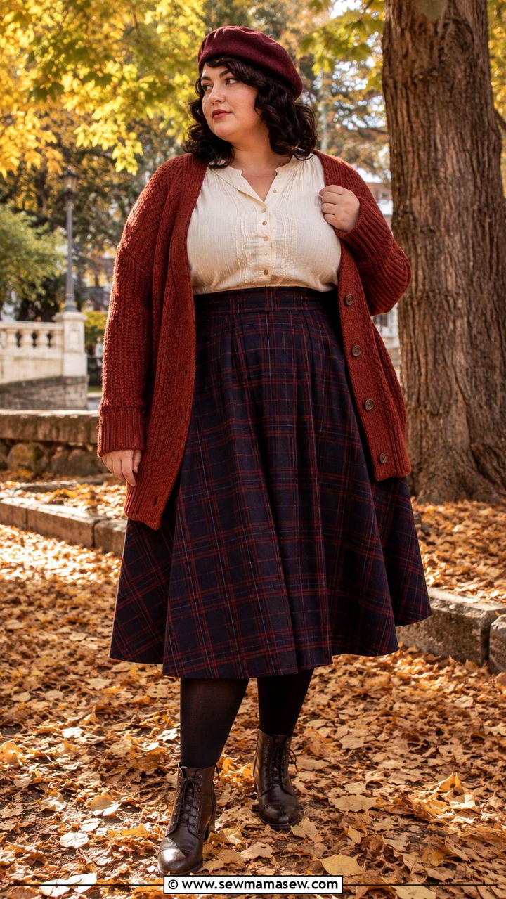 Plus Size Dark Academia Cardigan with Plaid Skirt - 20 Dark academia outfits plus size