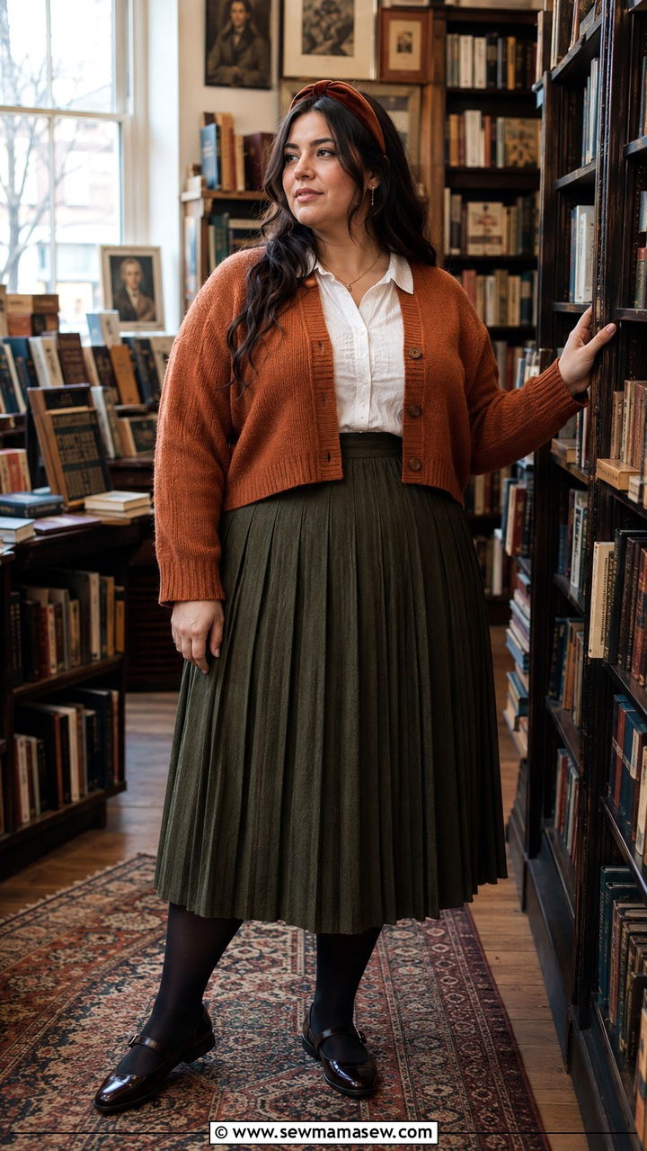 Plus Size Dark Academia Cropped Cardigan and High Waist Skirt - 20 Dark academia outfits plus size