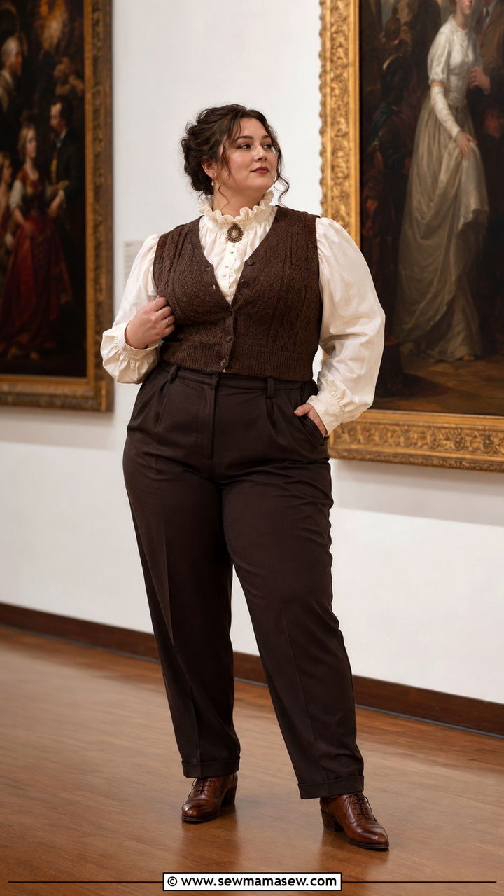 Plus Size Dark Academia Ruffled Blouse and Trousers - 20 Dark academia outfits plus size