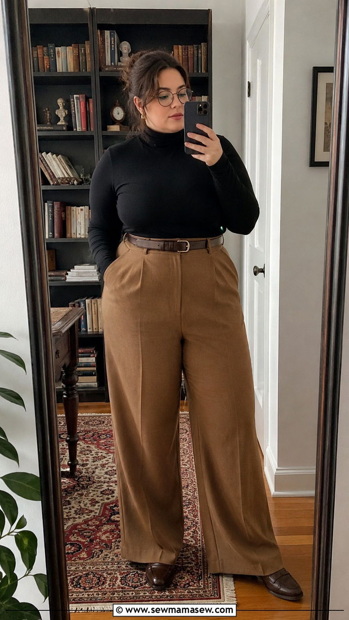 Plus Size Dark Academia Turtleneck and Wide Leg Trousers - 20 Dark academia outfits plus size