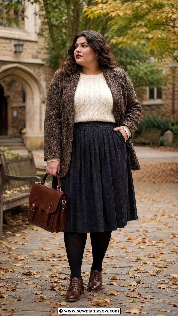 Plus Size Dark Academia Tweed Blazer and Pleated Skirt - 20 Dark academia outfits plus size