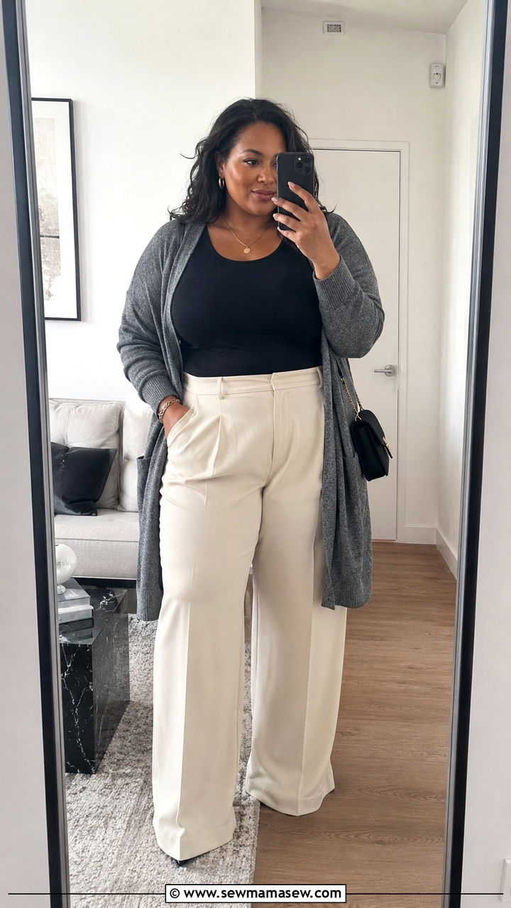 Plus Size Dark Top with Light Wide Leg Pants and Contrast Cardigan - 20 Outfit ideas to hide belly fat plus size