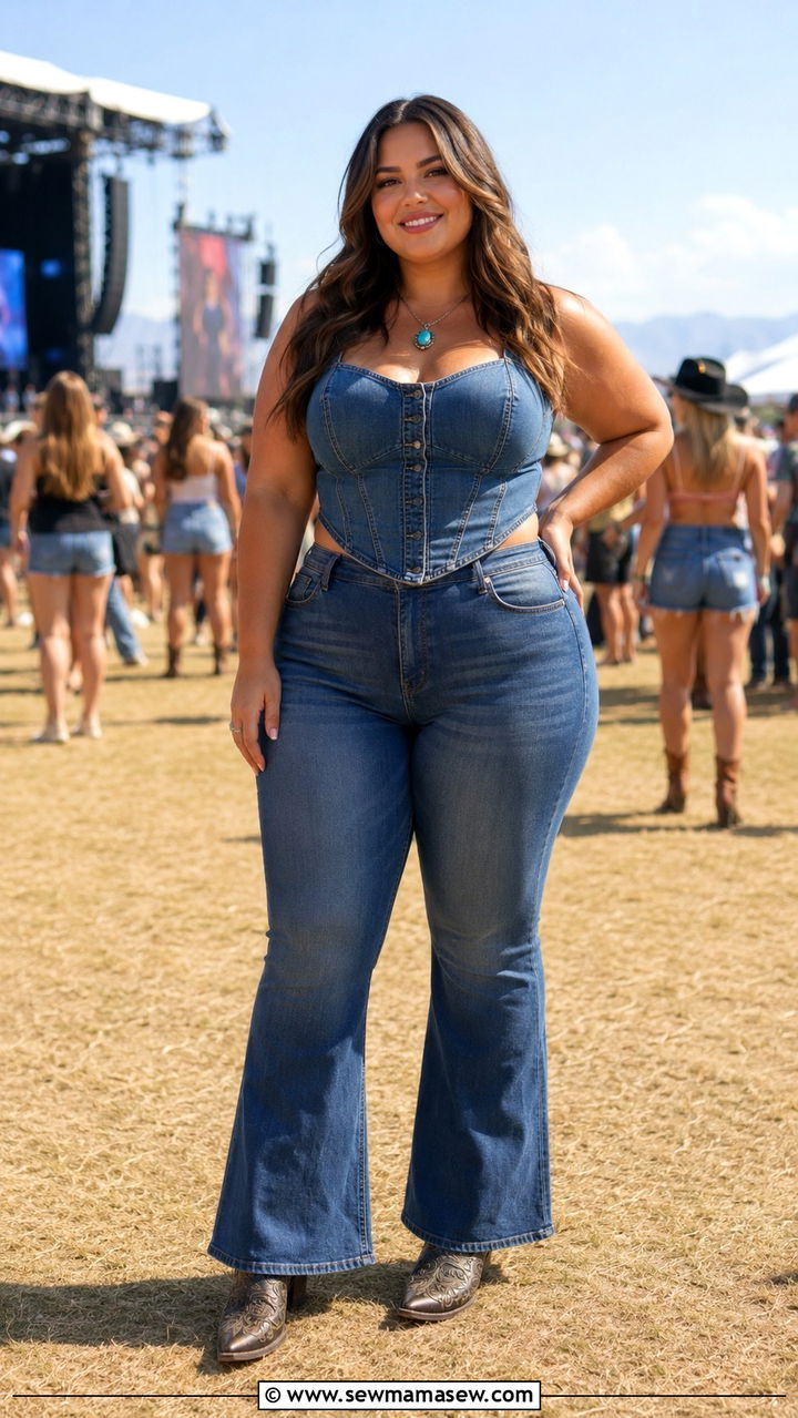 Plus Size Denim Corset Vest And Flare Jeans Concert Outfit - 30 Plus size outfit ideas for concert