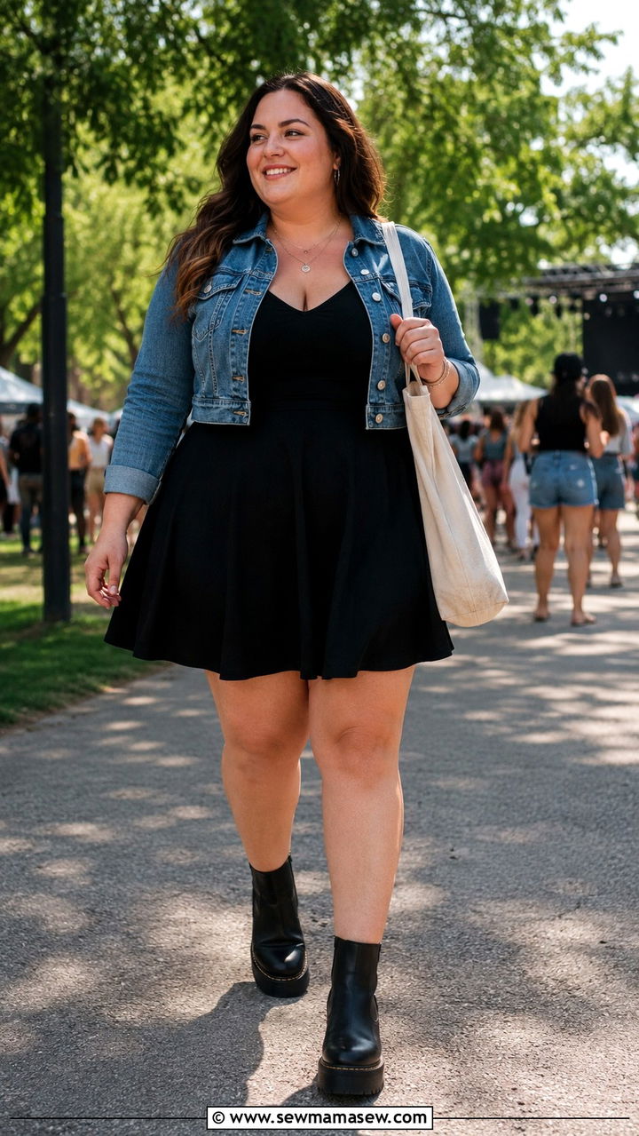Plus Size Denim Jacket And Skater Dress Concert Outfit - 30 Plus size outfit ideas for concert