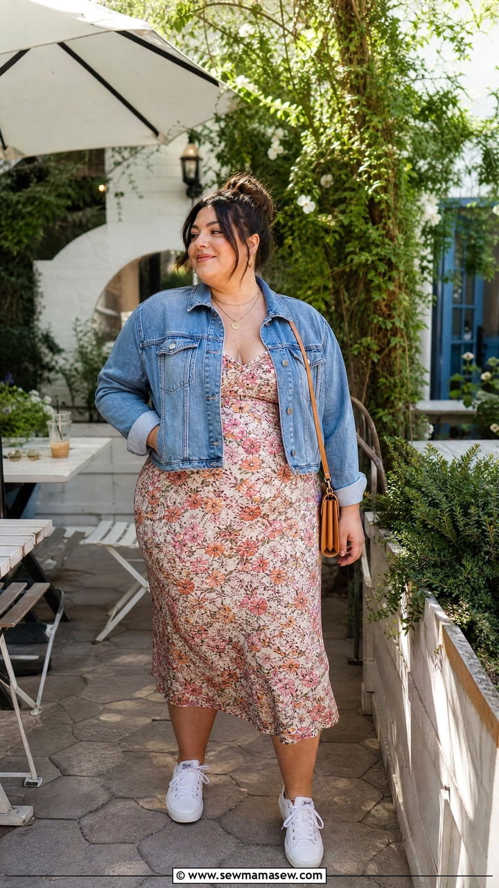 Plus Size Denim Jacket Over Floral Slip Dress - 30 Plus size outfit ideas for brunch