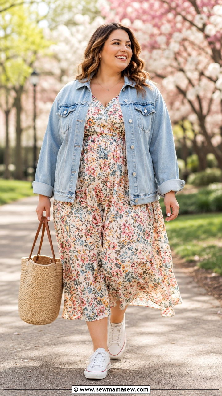 Plus Size Denim Jacket and Floral Dress Outfit - 25 Plus size capsule wardrobe 2026