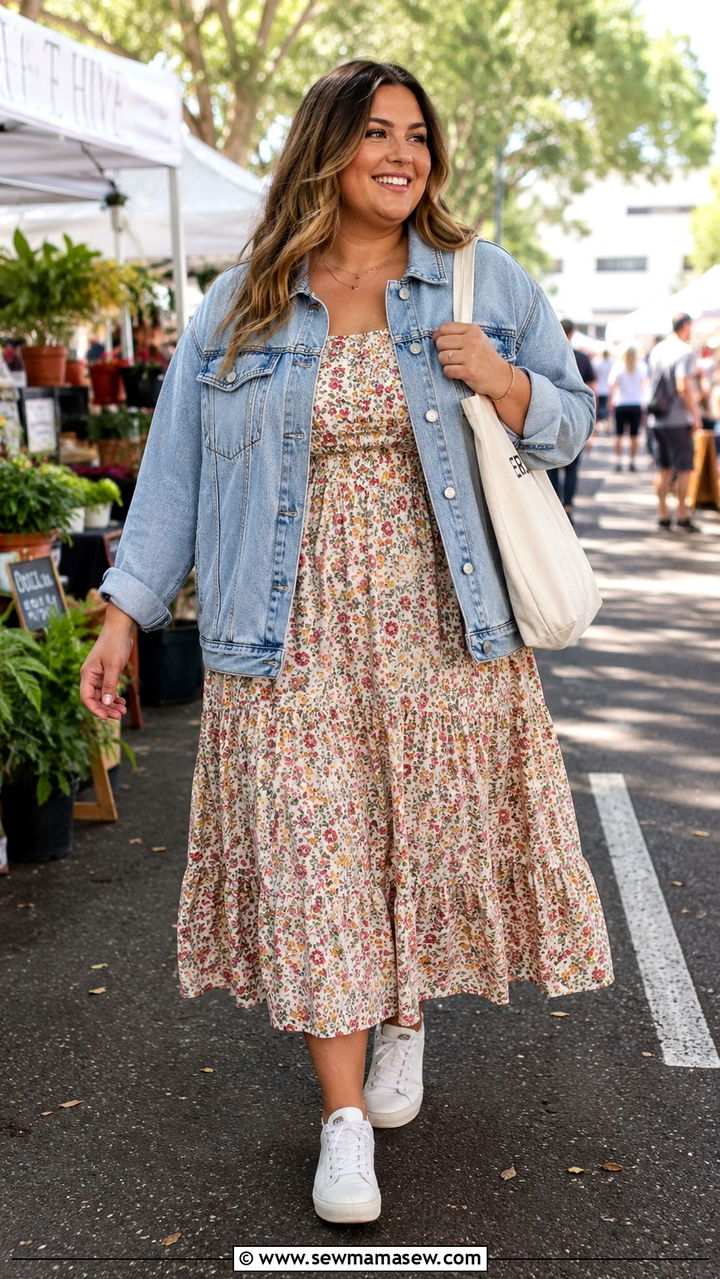 Plus Size Denim Jacket and Floral Midi Dress Photoshoot Outfit - 30 Plus size photoshoot outfit ideas