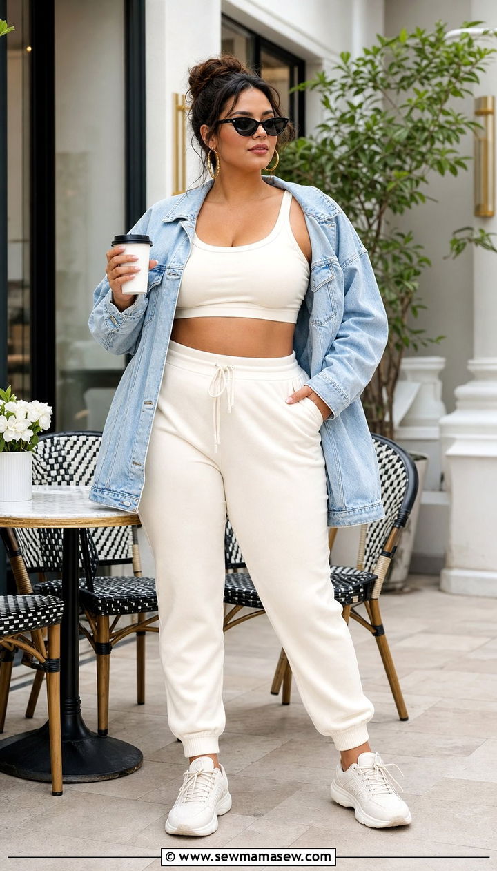 Plus Size Denim Jacket and Sports Bra Jogger Set - 25 Sporty chic outfit ideas plus size