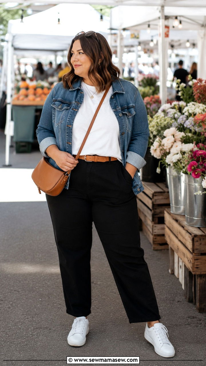 Plus Size Denim Jacket and White Tee Outfit - 30 Minimalist outfits plus size