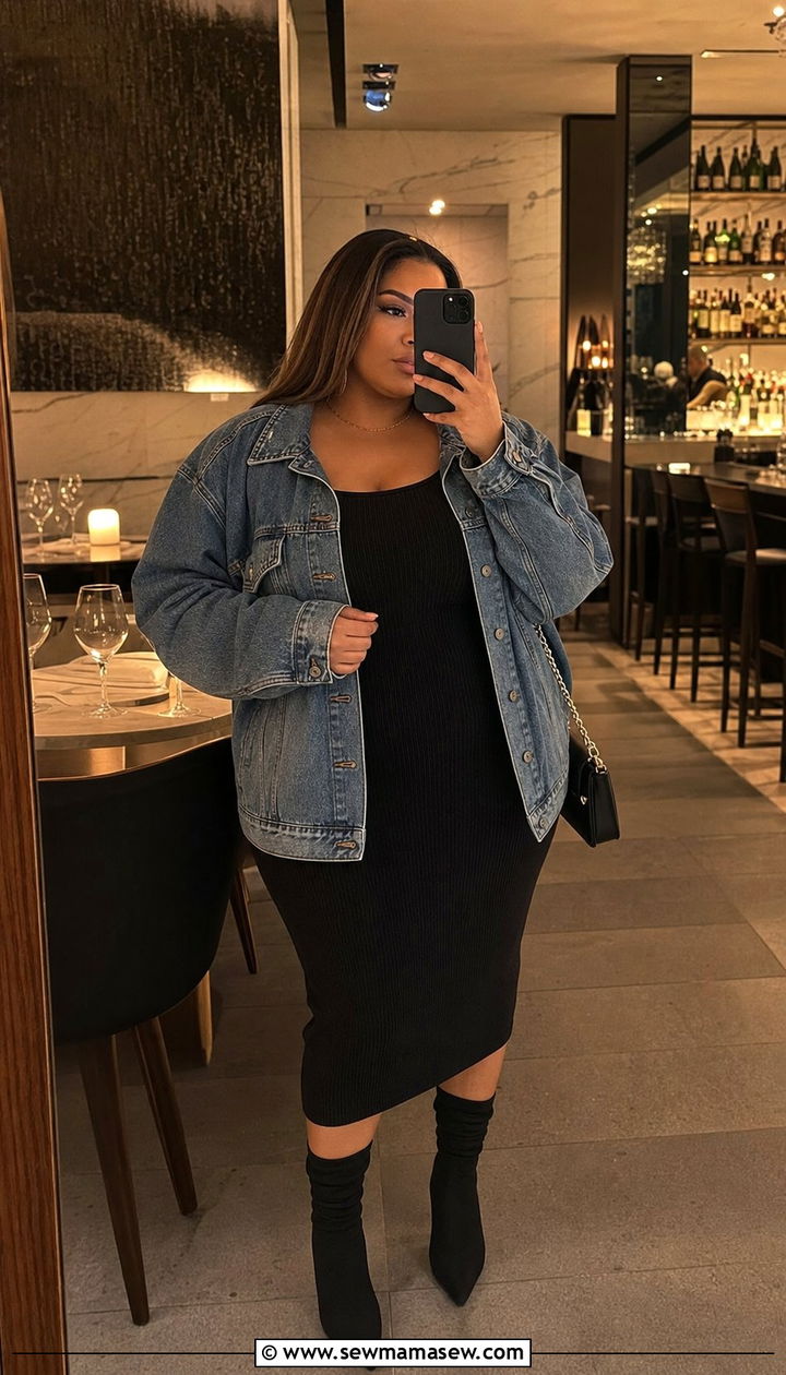 Plus Size Denim Jacket with Bodycon Dress - 25 Denim jacket outfit ideas plus size