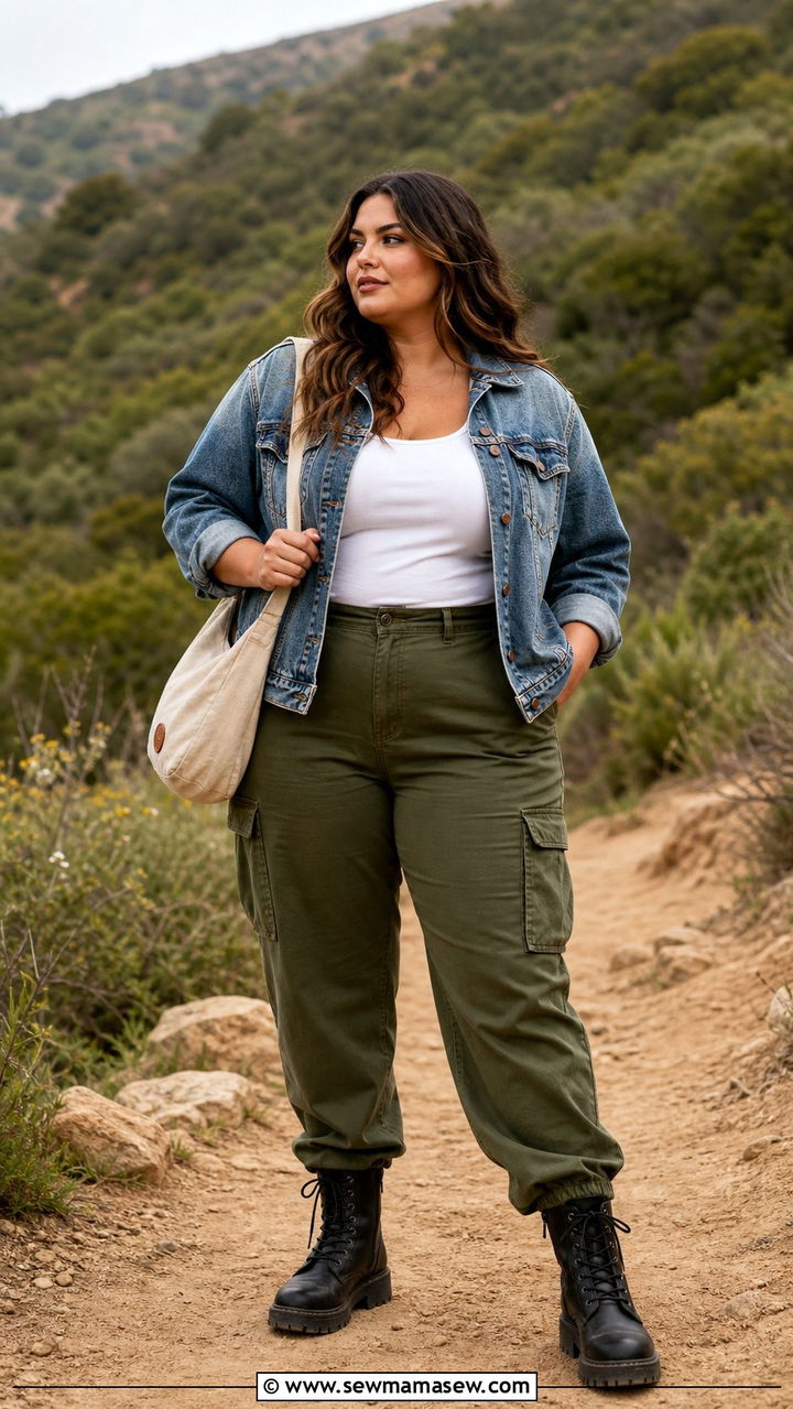 Plus Size Denim Jacket with Cargo Pants - 25 Denim jacket outfit ideas plus size